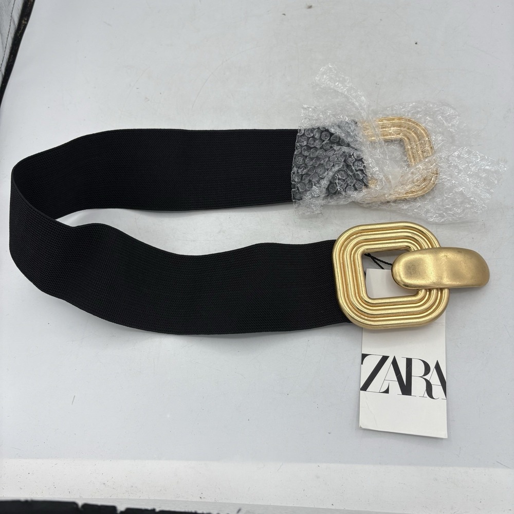 Zara Waist Belt Womens Size 32 Black Gold Interlock Buckle Wide Stretch